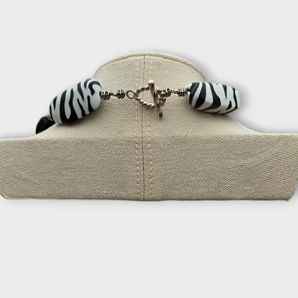 Zebra Print Beaded Statement Necklace – Black & White - Picture 6 of 8